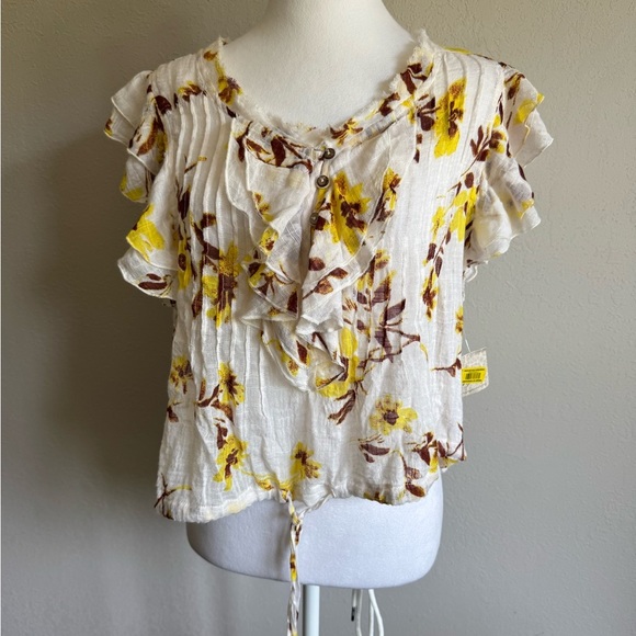 NWT Free People FP One Cream Yellow Floral Sheer Cropped Blouse Womens XS Boho - Picture 1 of 7